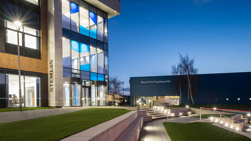 Front of STEMLab and West Park Teaching Hub buildings on campus 